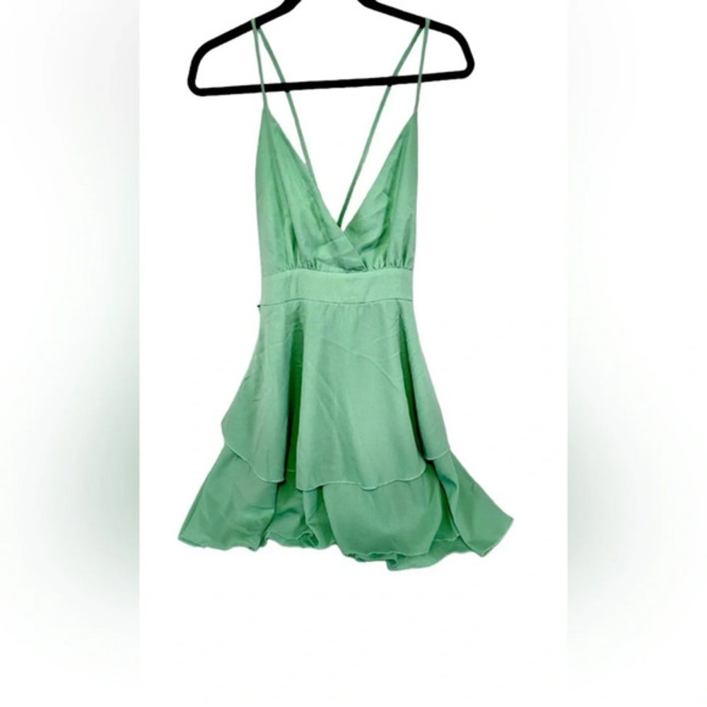 Satin Mini Dress Criss Cross Back‎ Ruffle Hem Party Cocktail Green Size S